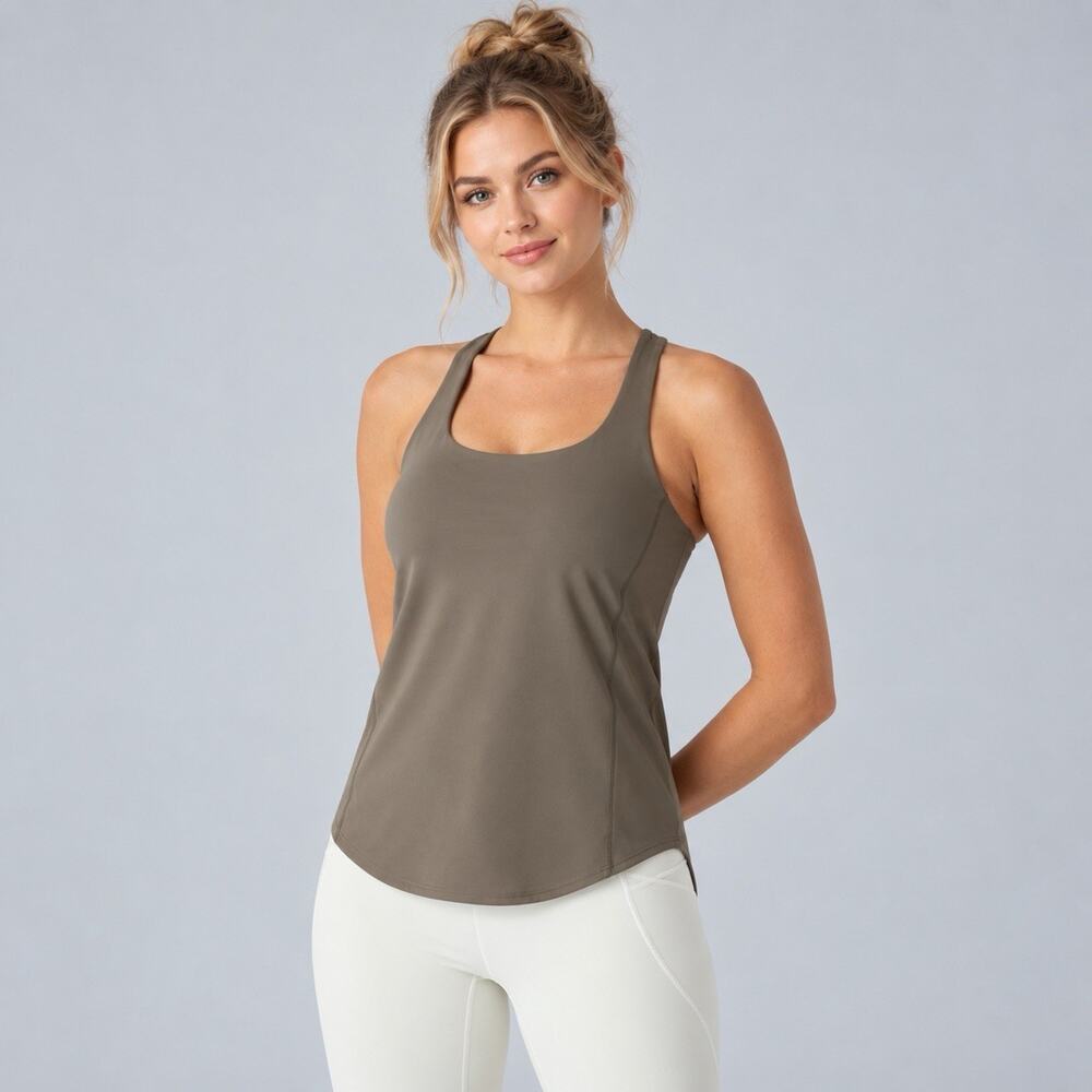 Halara Womens M Brown UltraSculpt Round Neck Curved Hem Workout Bra Tank Top